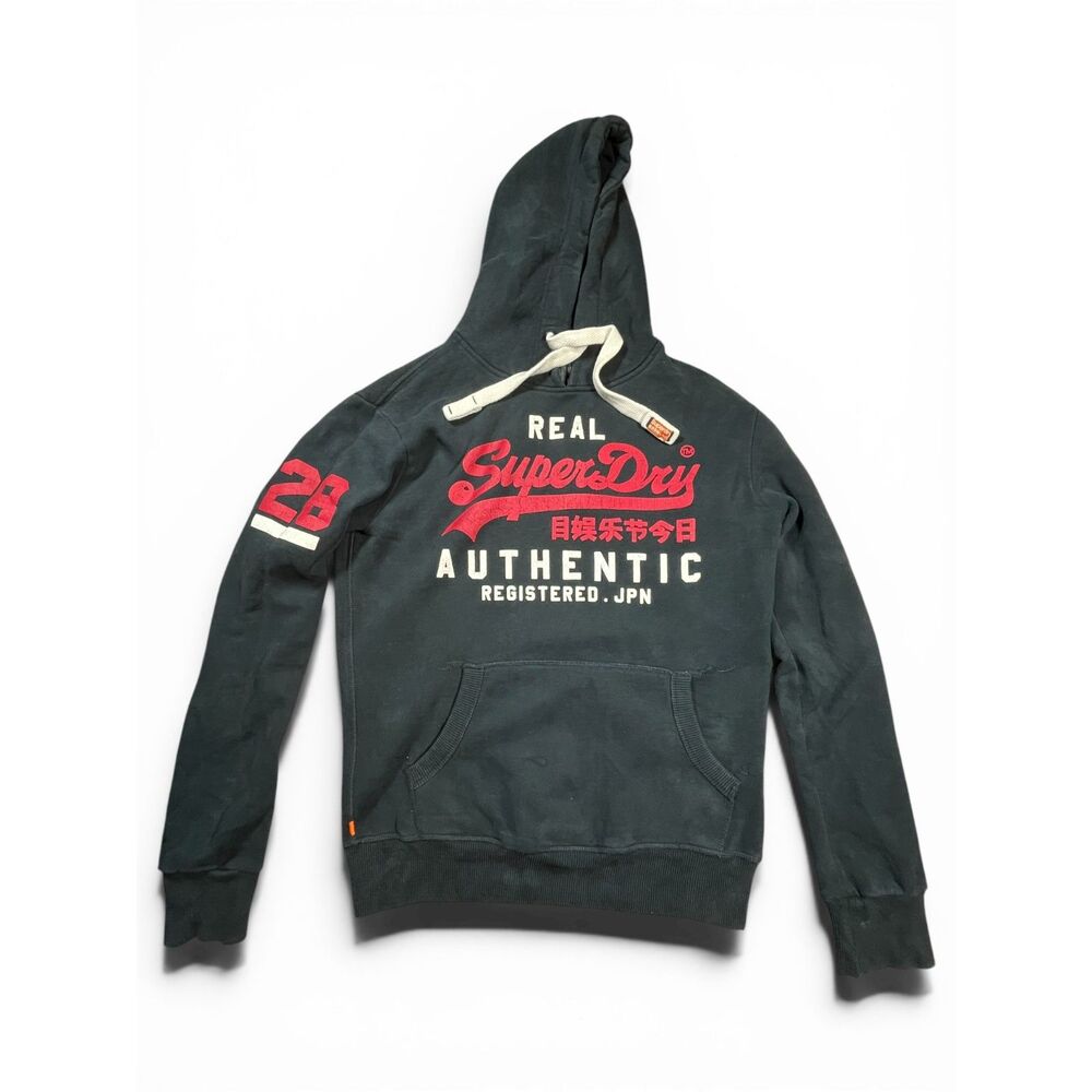 Superdry Hoodie Mens Small Black Logo Pullover Japan Graphic Streetwear